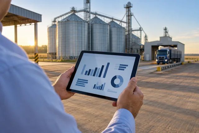 Gestor consultando indicadores em um tablet ao lado dos silos